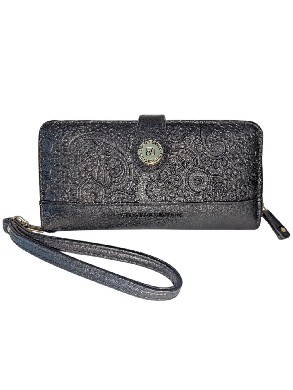 Stone Mountain Black Embossed Wristlet with Gold Accents
